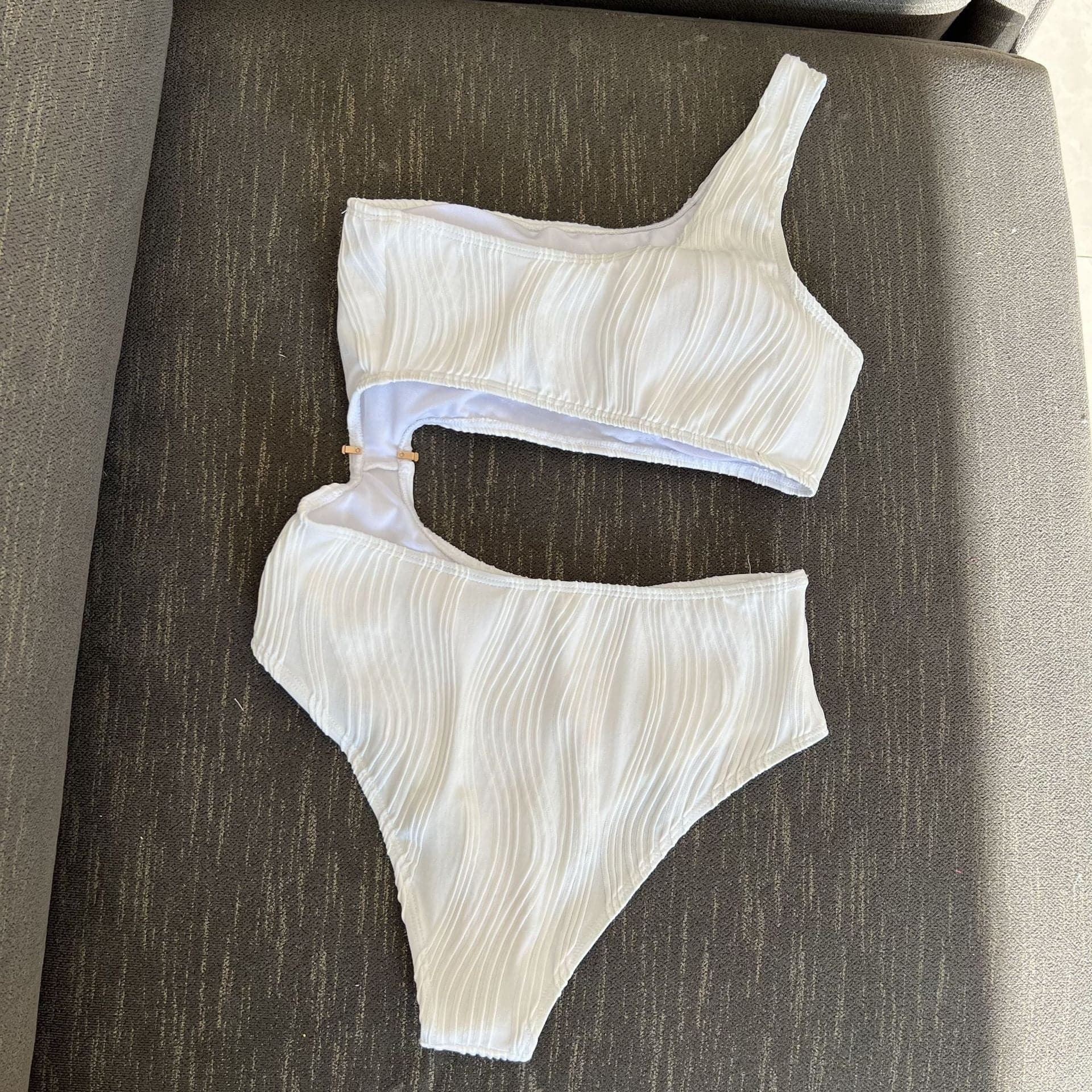 Textured Solid One Shoulder Button Hollow Out Y2K Swimwear - Cute Coquette Aesthetic