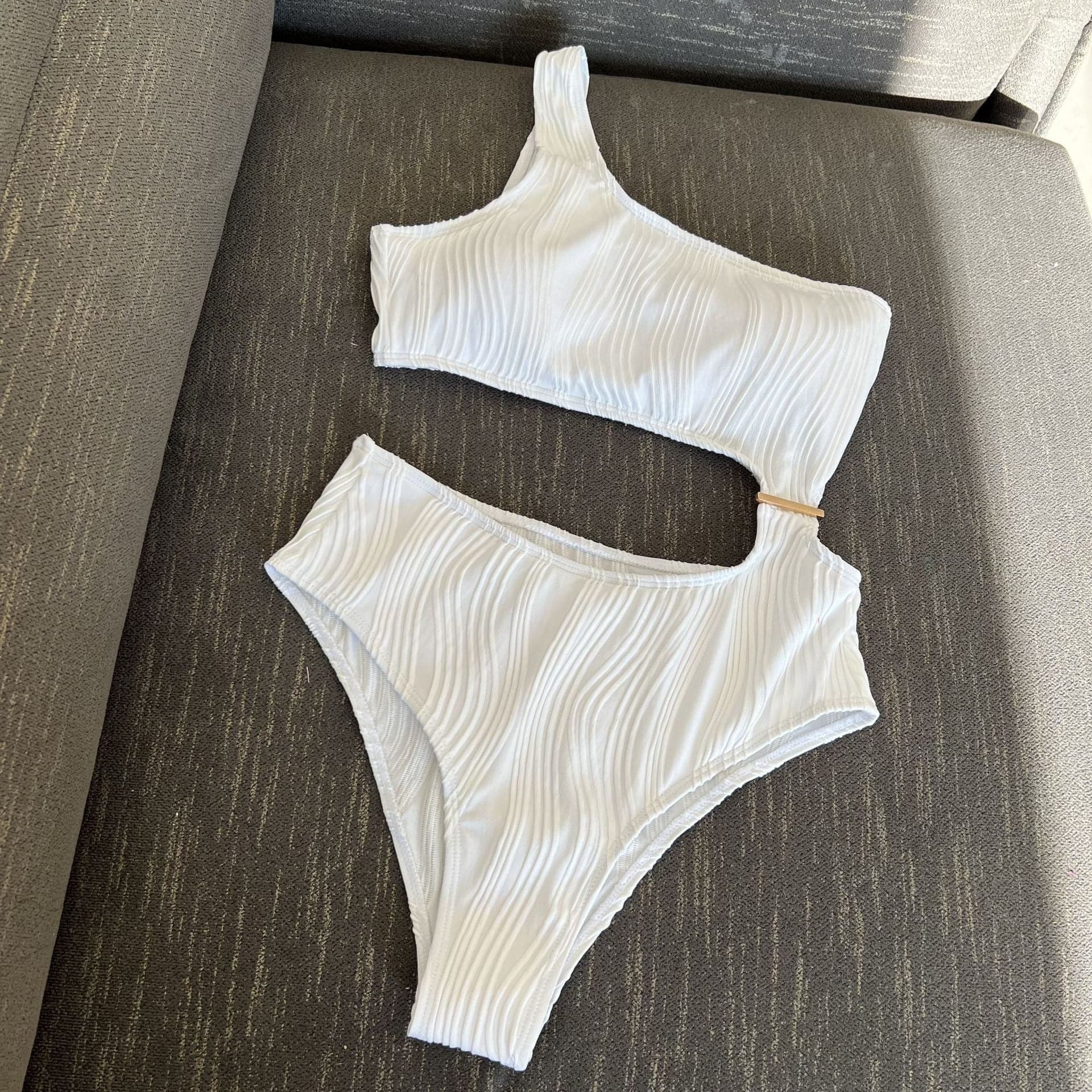 Textured Solid One Shoulder Button Hollow Out Y2K Swimwear - Cute Coquette Aesthetic
