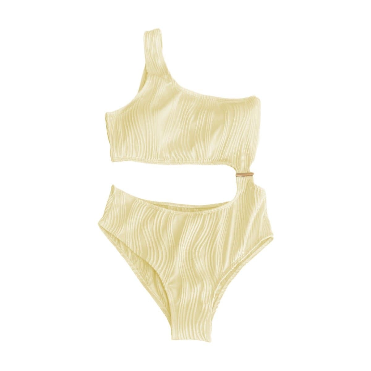 Textured Solid One Shoulder Button Hollow Out Y2K Swimwear - Cute Coquette Aesthetic
