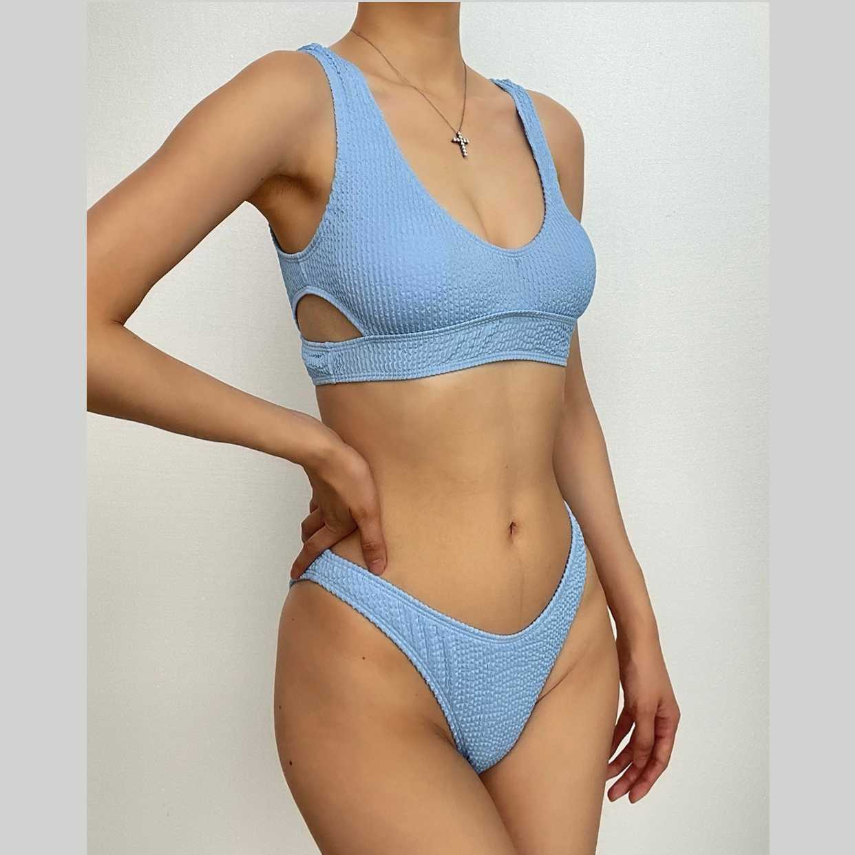Textured Solid Sleeveless U-Neck Bikini Swimwear - Y2K Aesthetic & Coquette Style