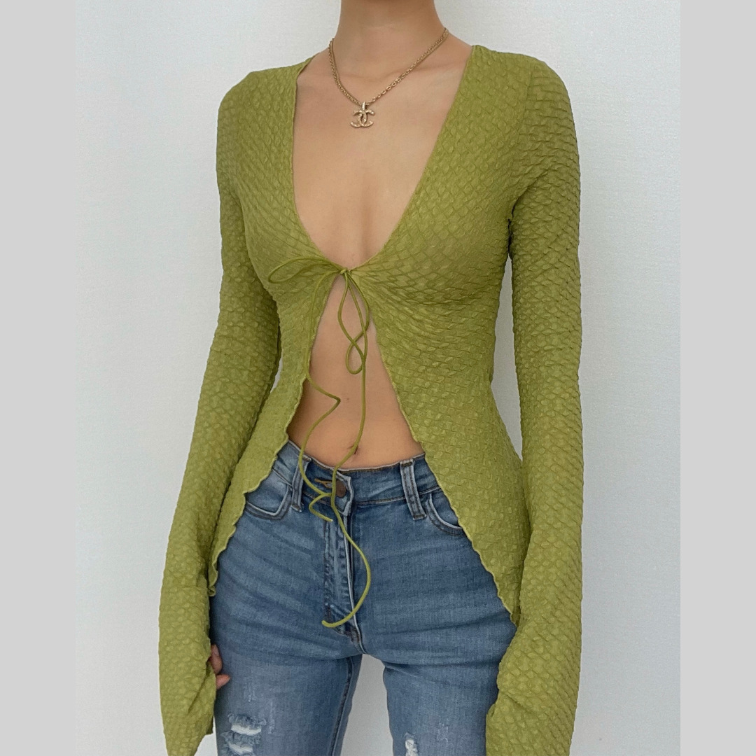 Textured Solid Slit Flared Sleeve Ruffle Self-Tie Crop Top for Y2K, Coquette & Grunge Aesthetics