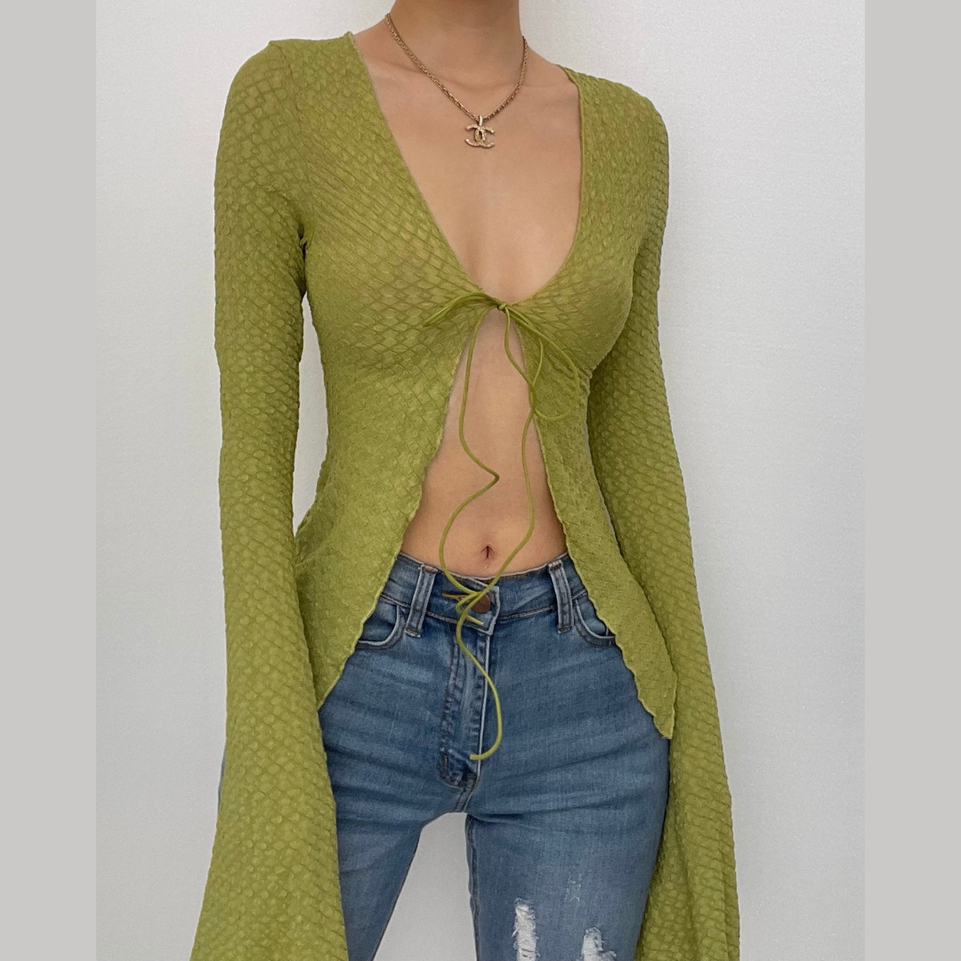 Textured Solid Slit Flared Sleeve Ruffle Self-Tie Crop Top for Y2K, Coquette & Grunge Aesthetics