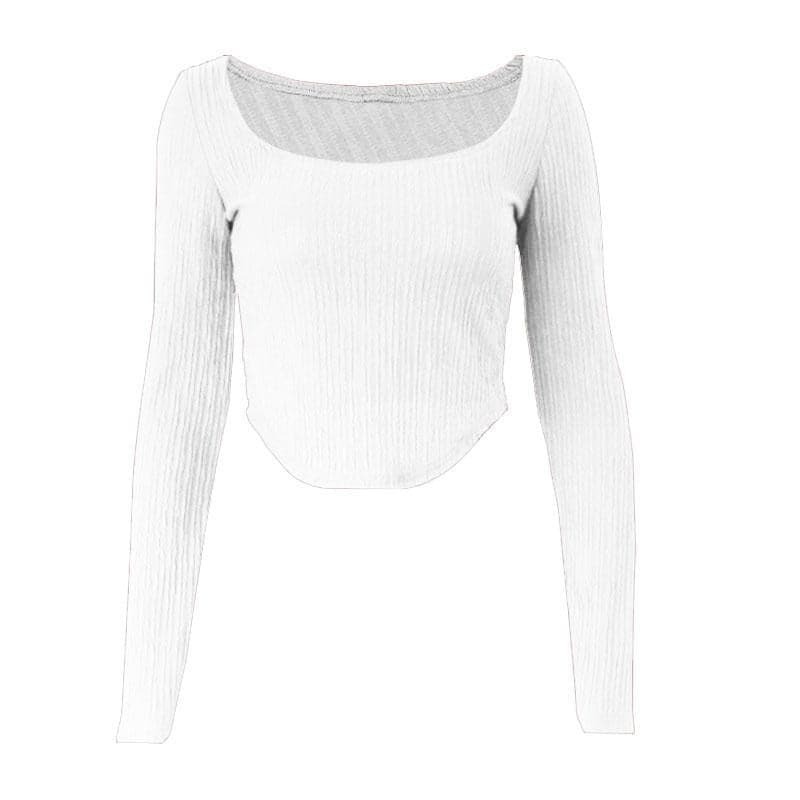 Textured Square Neck Long Sleeve Crop Top - Y2K Aesthetic, Cute & Comfy Fashion Essential