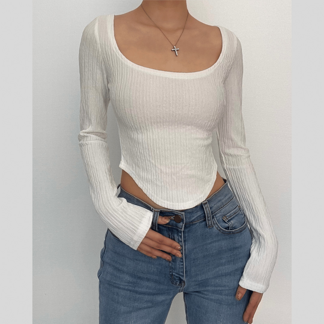 Textured Square Neck Long Sleeve Crop Top - Y2K Aesthetic, Cute & Comfy Fashion Essential