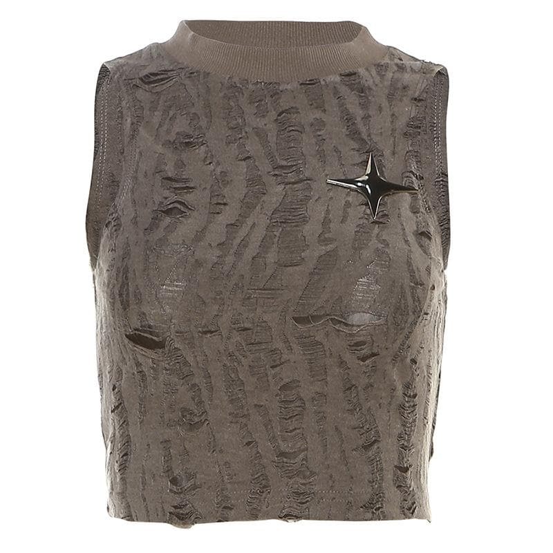 Textured Star Applique Cut-Out Crop Top - Y2K Aesthetic, Coquette Style, Cute & Comfy