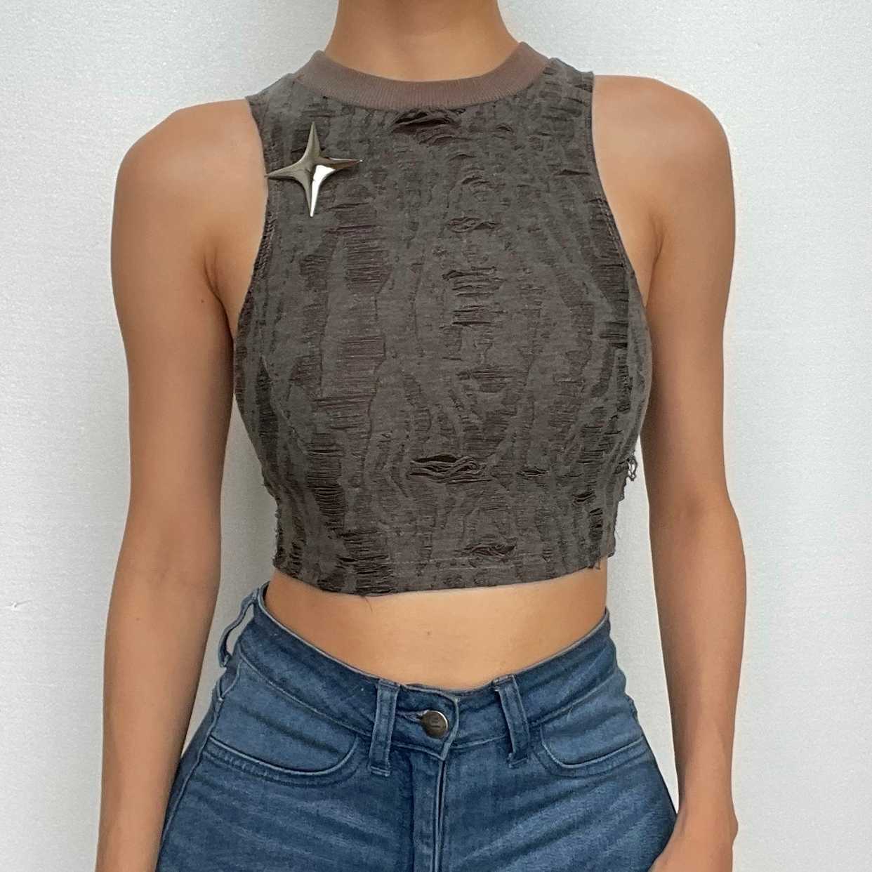 Textured Star Applique Cut-Out Crop Top - Y2K Aesthetic, Coquette Style, Cute & Comfy