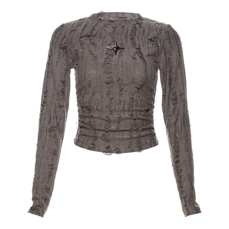 Textured Star Applique Ruched Long Sleeve Crop Top - Y2K Fashion & Coquette Aesthetic
