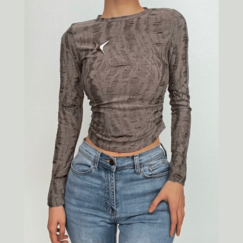 Textured Star Applique Ruched Long Sleeve Crop Top - Y2K Fashion & Coquette Aesthetic