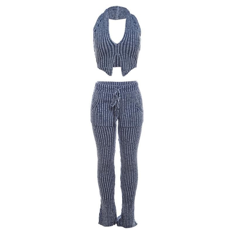 Textured Striped Contrast Halter V-Neck Pant Set - Y2K Aesthetic Comfy Outfit
