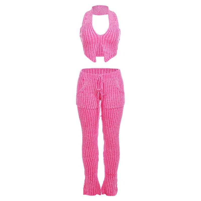 Textured Striped Contrast Halter V-Neck Pant Set - Y2K Aesthetic Comfy Outfit