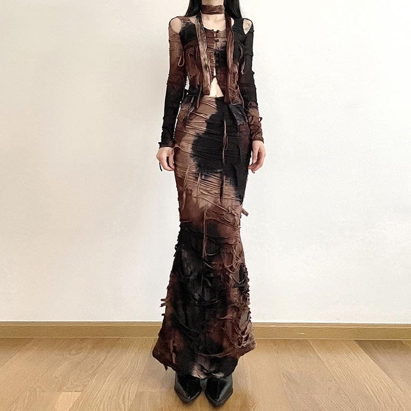 Textured Tie-Dye Contrast Zip-Up Low Rise Maxi Skirt Set - Y2K Aesthetic Outfit