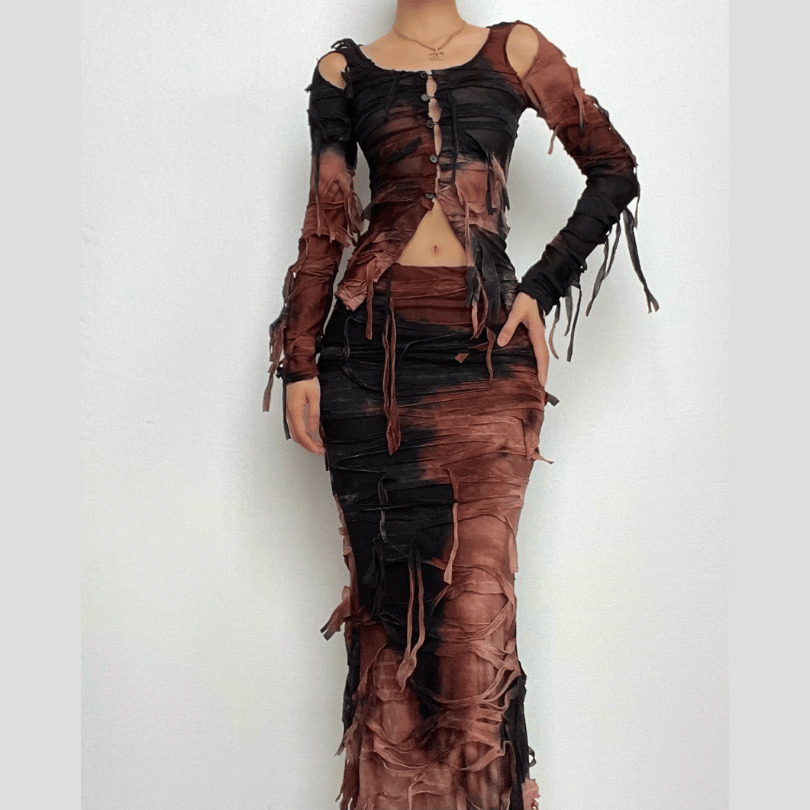Textured Tie-Dye Contrast Zip-Up Low Rise Maxi Skirt Set - Y2K Aesthetic Outfit