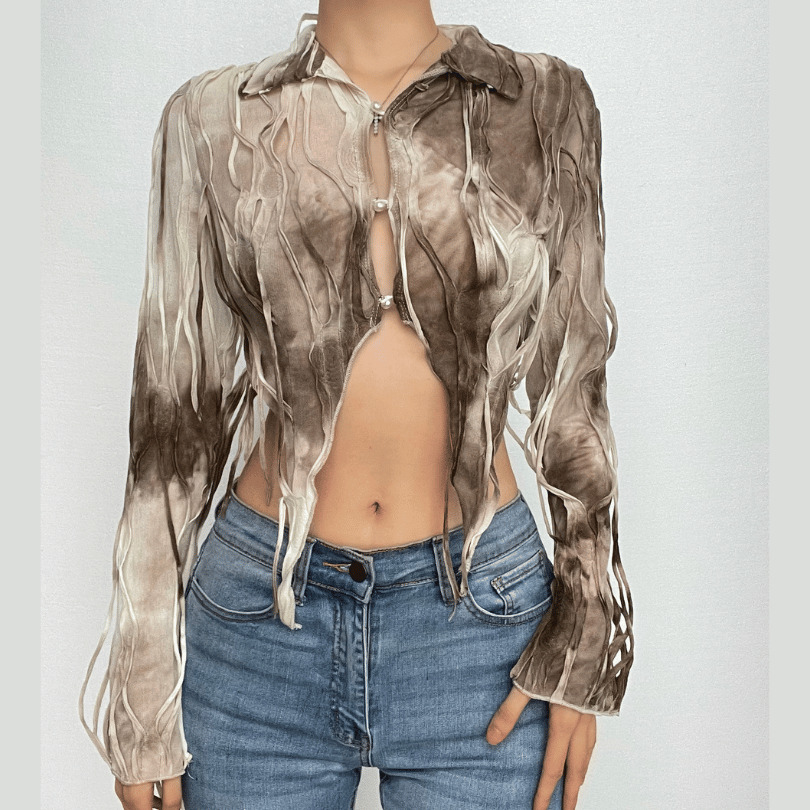 Textured Tie-Dye Long Sleeve Crop Top with Turnover Collar - Y2K & Coquette Aesthetic