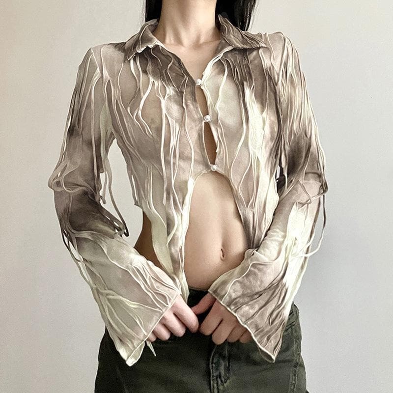 Textured Tie-Dye Long Sleeve Crop Top with Turnover Collar - Y2K & Coquette Aesthetic