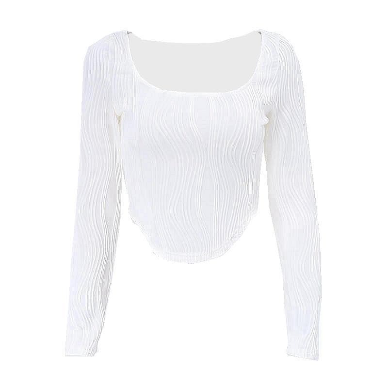 Textured U-Neck Solid Long Sleeve Corset Crop Top - Y2K Aesthetic Cute Top for Grunge & Coquette Styles