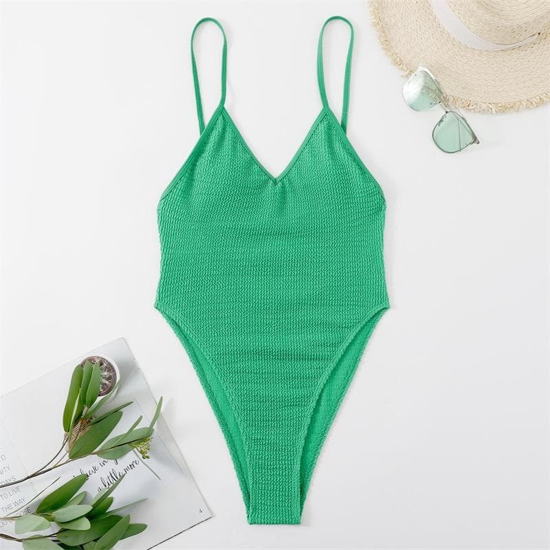Textured V-Neck Backless One-Piece Swimwear - Y2K Aesthetic, Cute & Comfy Summer Style