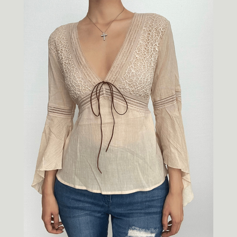 Textured V-Neck Flared Sleeve Self-Tie Top - Y2K Aesthetic Cute Top for Coquette & Grunge Styles