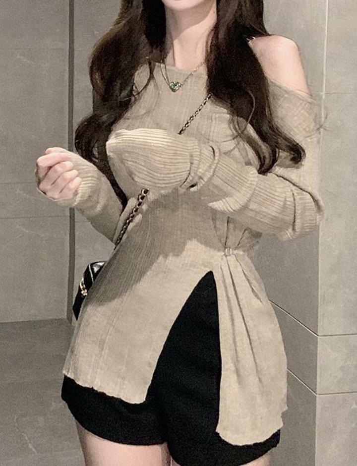 Trendy Off Shoulder Split Hem Long Sleeve Khaki Top - Y2K Aesthetic & Coquette Style