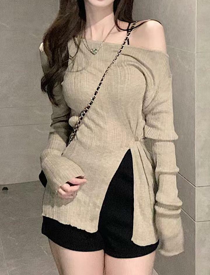 Trendy Off Shoulder Split Hem Long Sleeve Khaki Top - Y2K Aesthetic & Coquette Style
