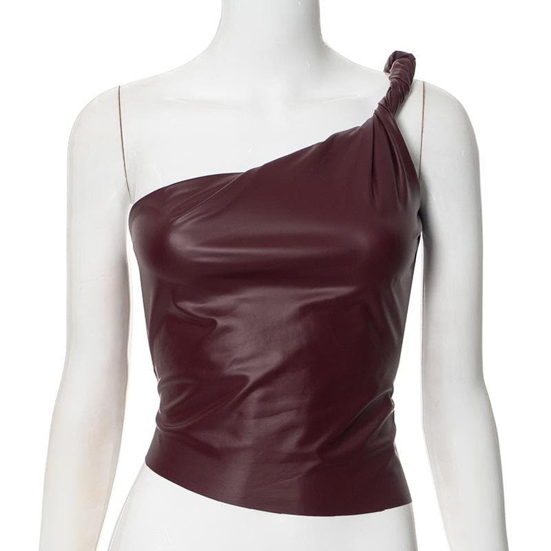 Trendy One Shoulder PU Leather Ruched Backless Top - Y2K Aesthetic & Grunge Style