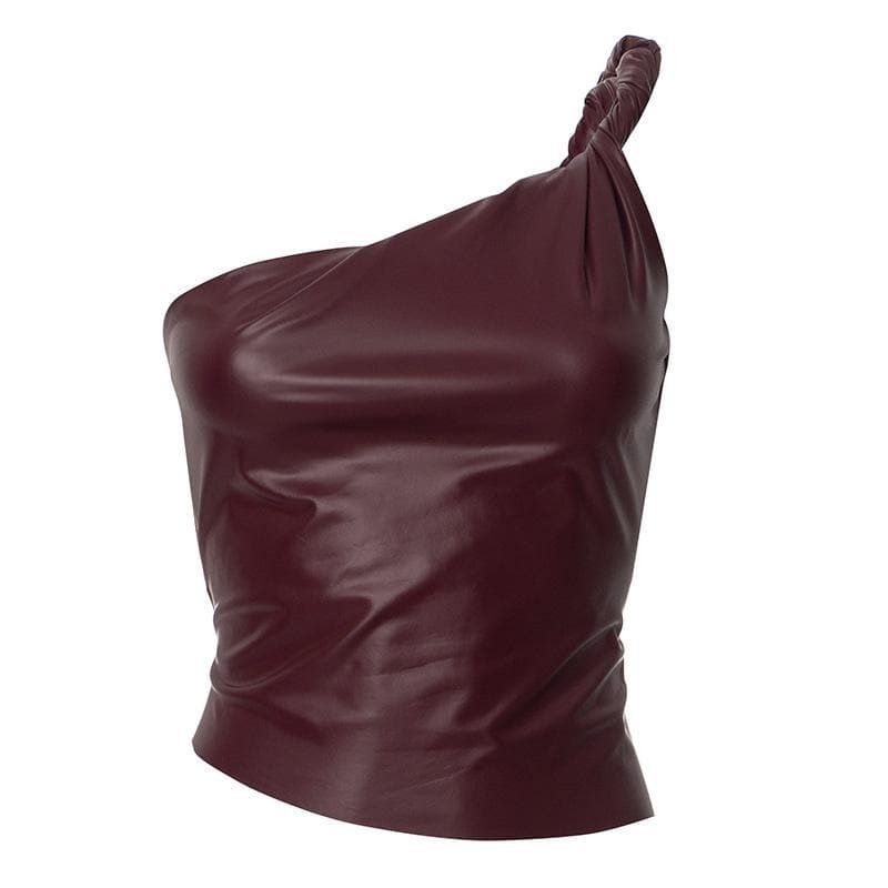 Trendy One Shoulder PU Leather Ruched Backless Top - Y2K Aesthetic & Grunge Style