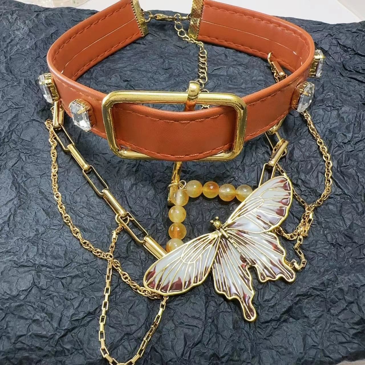 Trendy PU Leather Beaded Layered Choker Necklace - Y2K Aesthetic Jewelry for Cute Outfits