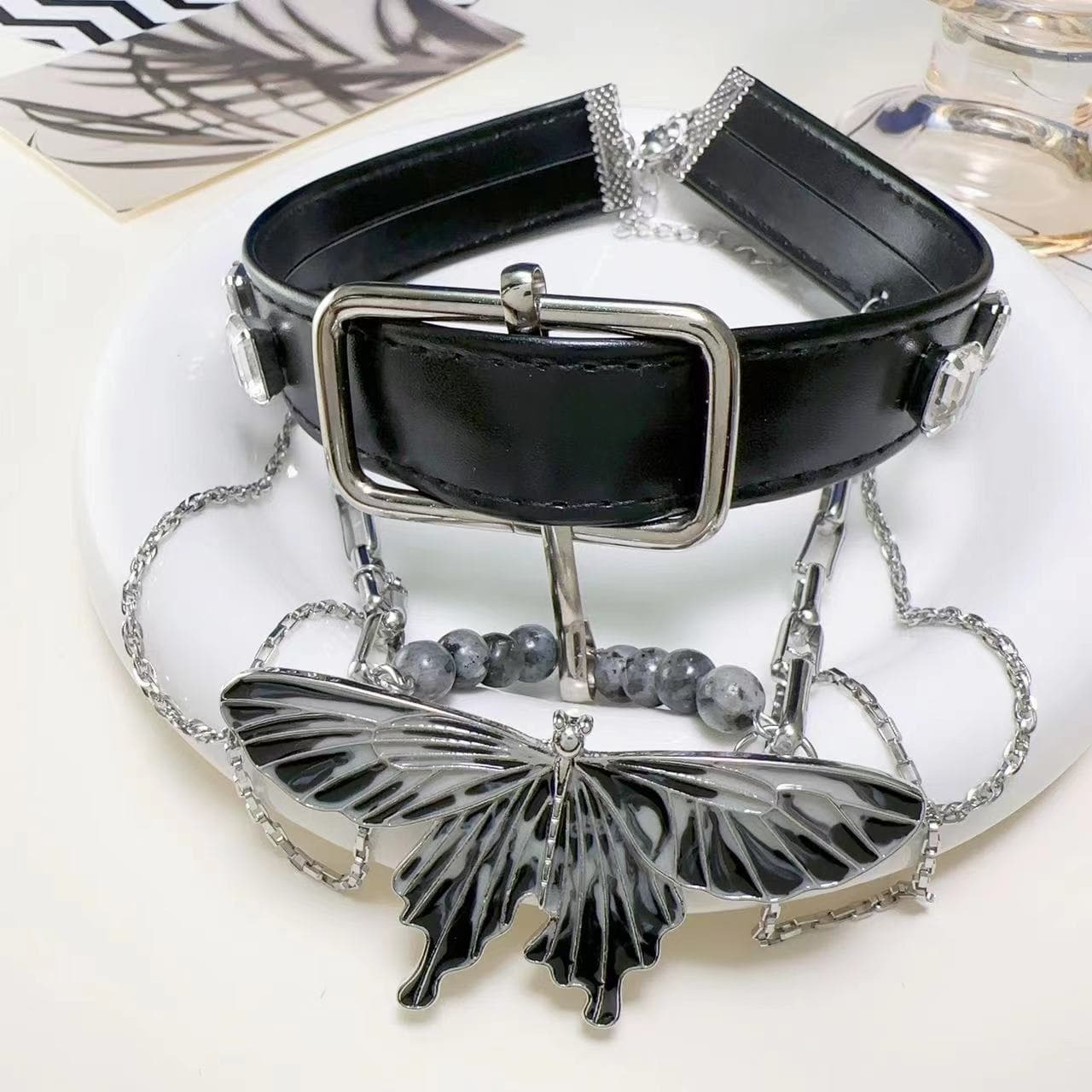 Trendy PU Leather Beaded Layered Choker Necklace - Y2K Aesthetic Jewelry for Cute Outfits