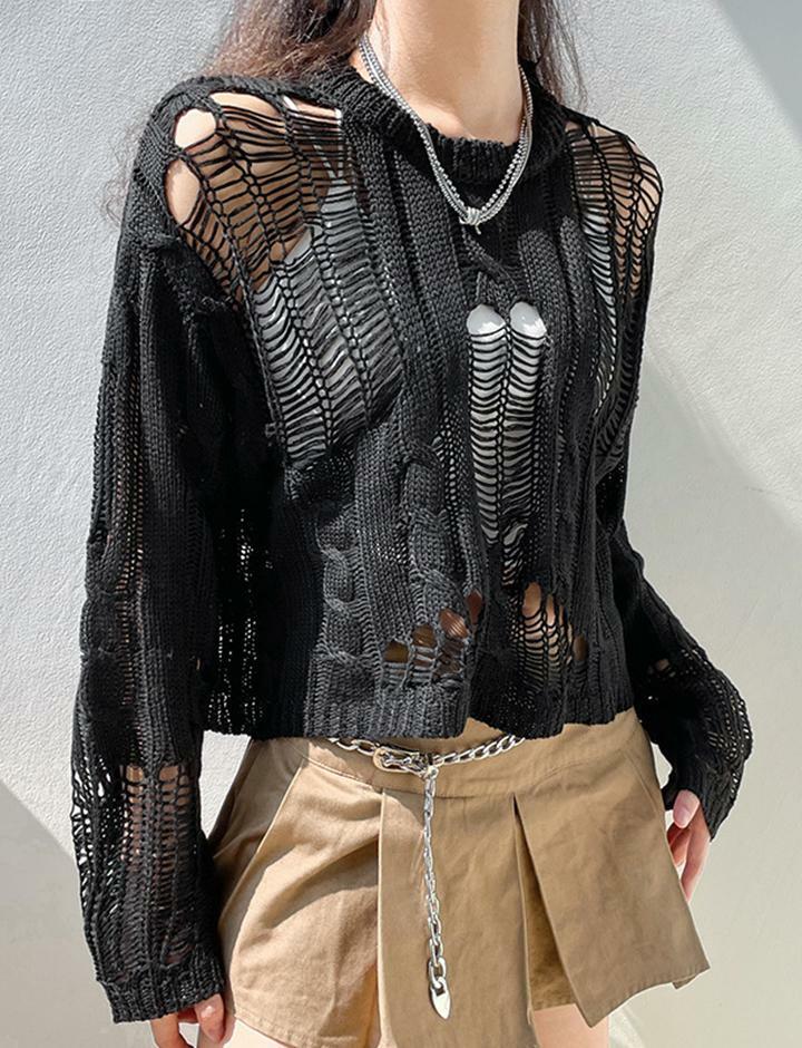 Trendy Ripped Cutout Wool Blouse - Y2K Aesthetic, Grunge Style, and Coquette Vibes