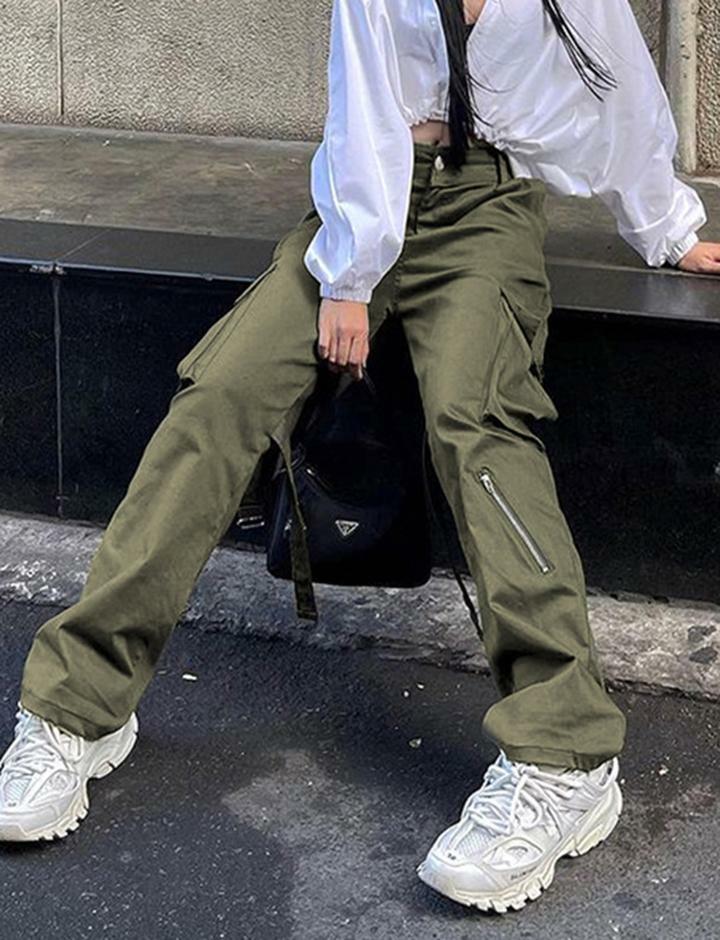 Trendy Solid Color Pocket Patched Cargo Pants for Y2K, Grunge, and Coquette Aesthetics