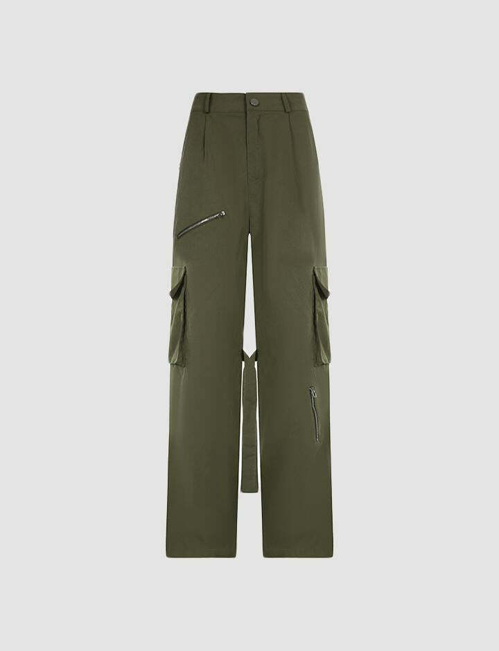 Trendy Solid Color Pocket Patched Cargo Pants for Y2K, Grunge, and Coquette Aesthetics