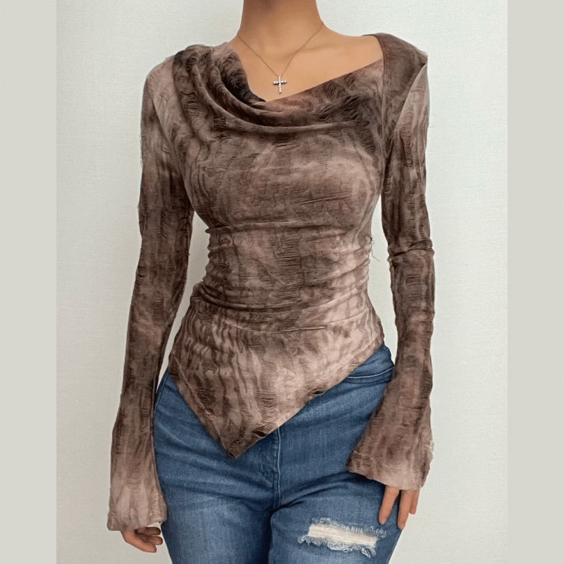 Trendy Tie-Dye Cowl Neck Top with Flared Sleeves - Y2K Aesthetic & Grunge Style