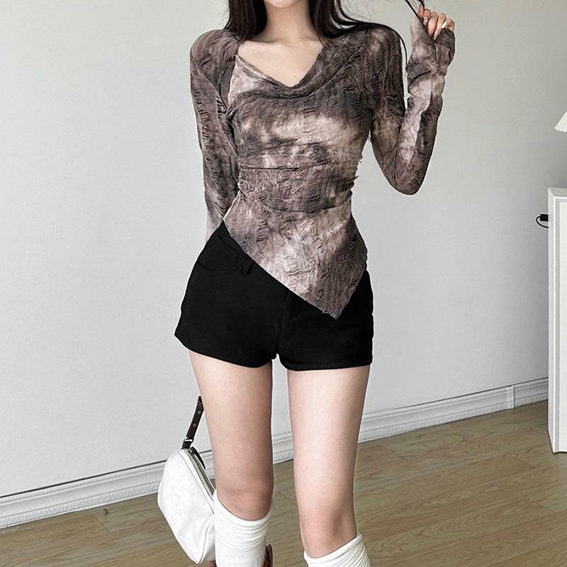 Trendy Tie-Dye Cowl Neck Top with Flared Sleeves - Y2K Aesthetic & Grunge Style