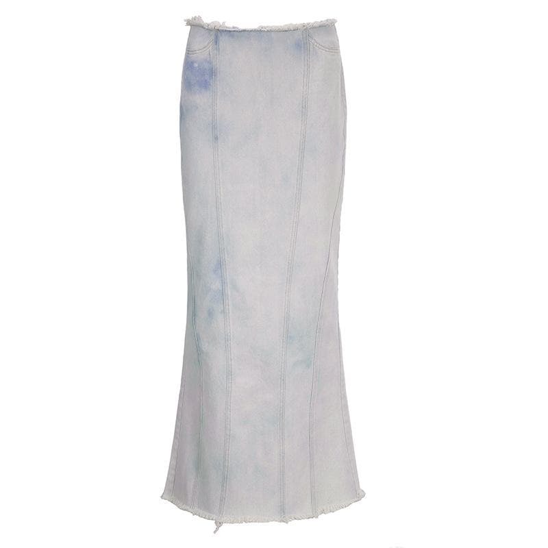 Trendy Tie Dye Raw Hem Zip-Up Slit Midi Skirt - Y2K Aesthetic & Grunge Style Essential