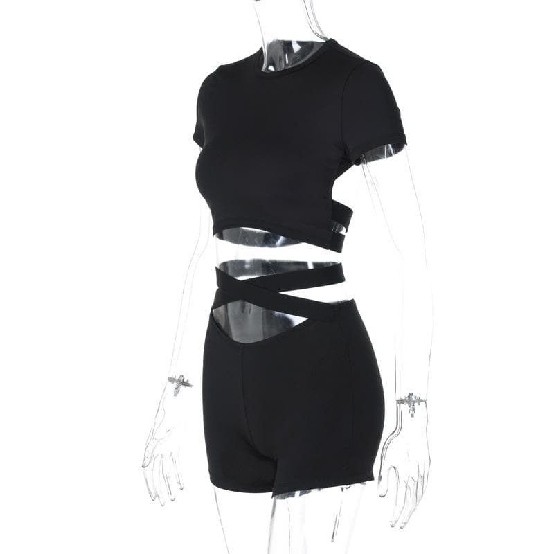 Trendy Y2K Aesthetic Short Sleeve Crewneck Backless Pant Set for Coquette & Grunge Styles