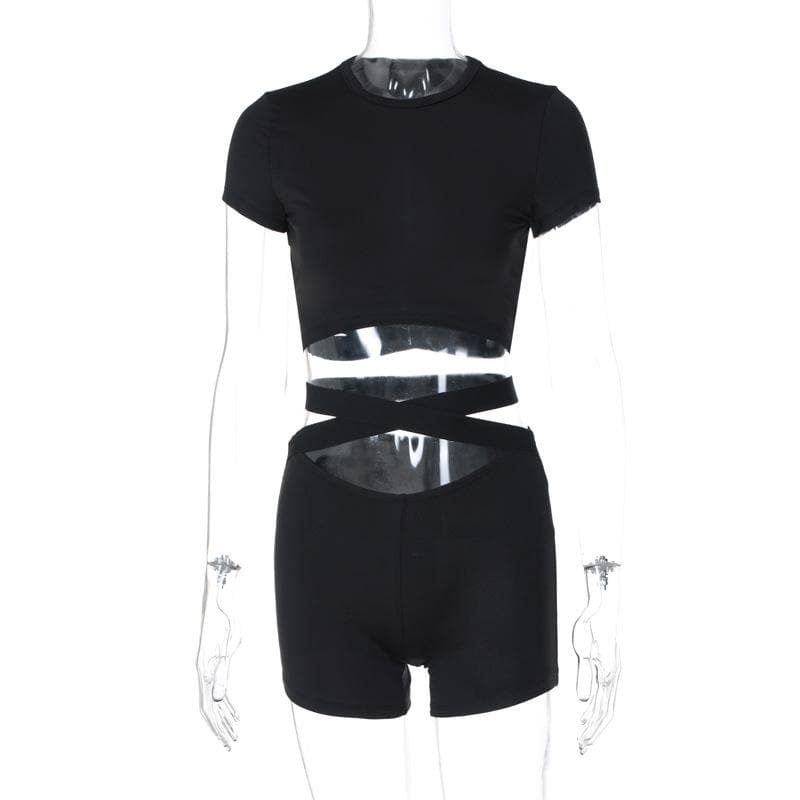 Trendy Y2K Aesthetic Short Sleeve Crewneck Backless Pant Set for Coquette & Grunge Styles