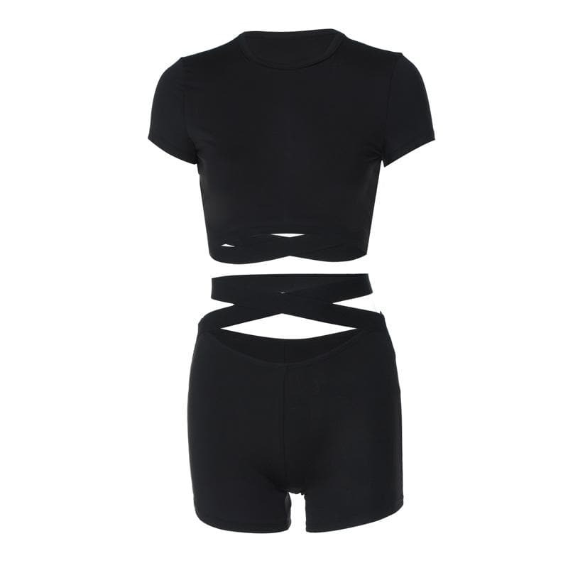 Trendy Y2K Aesthetic Short Sleeve Crewneck Backless Pant Set for Coquette & Grunge Styles