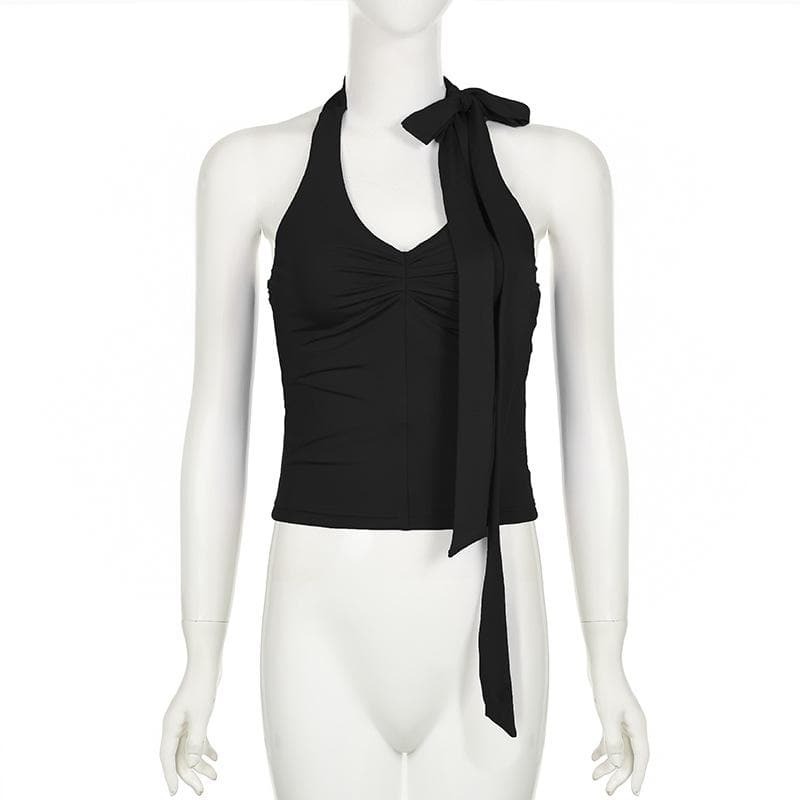 Trendy Y2K Backless Halter Top - Irregular V Neck for Coquette & Grunge Aesthetic