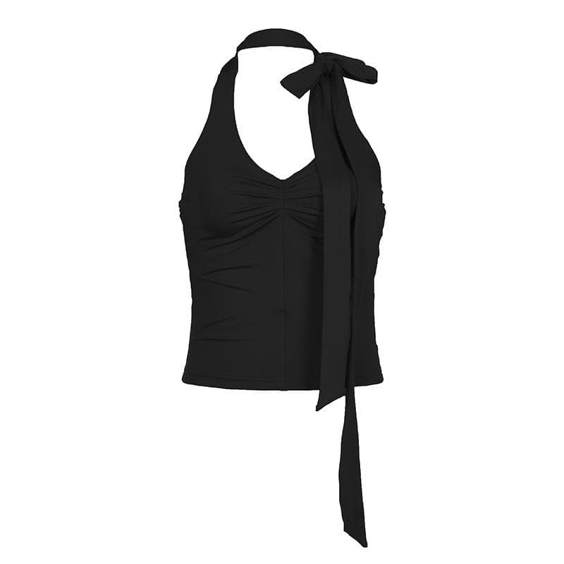 Trendy Y2K Backless Halter Top - Irregular V Neck for Coquette & Grunge Aesthetic