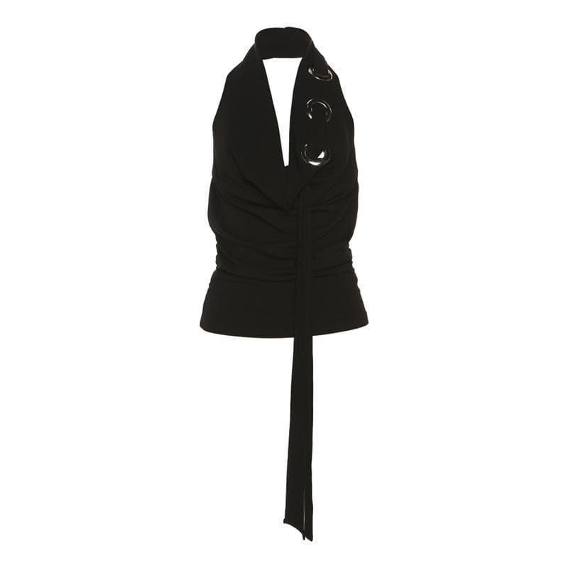 Trendy Y2K Backless Ribbed Cowl Neck Top - Cute Cut-Out for Coquette & Grunge Aesthetic
