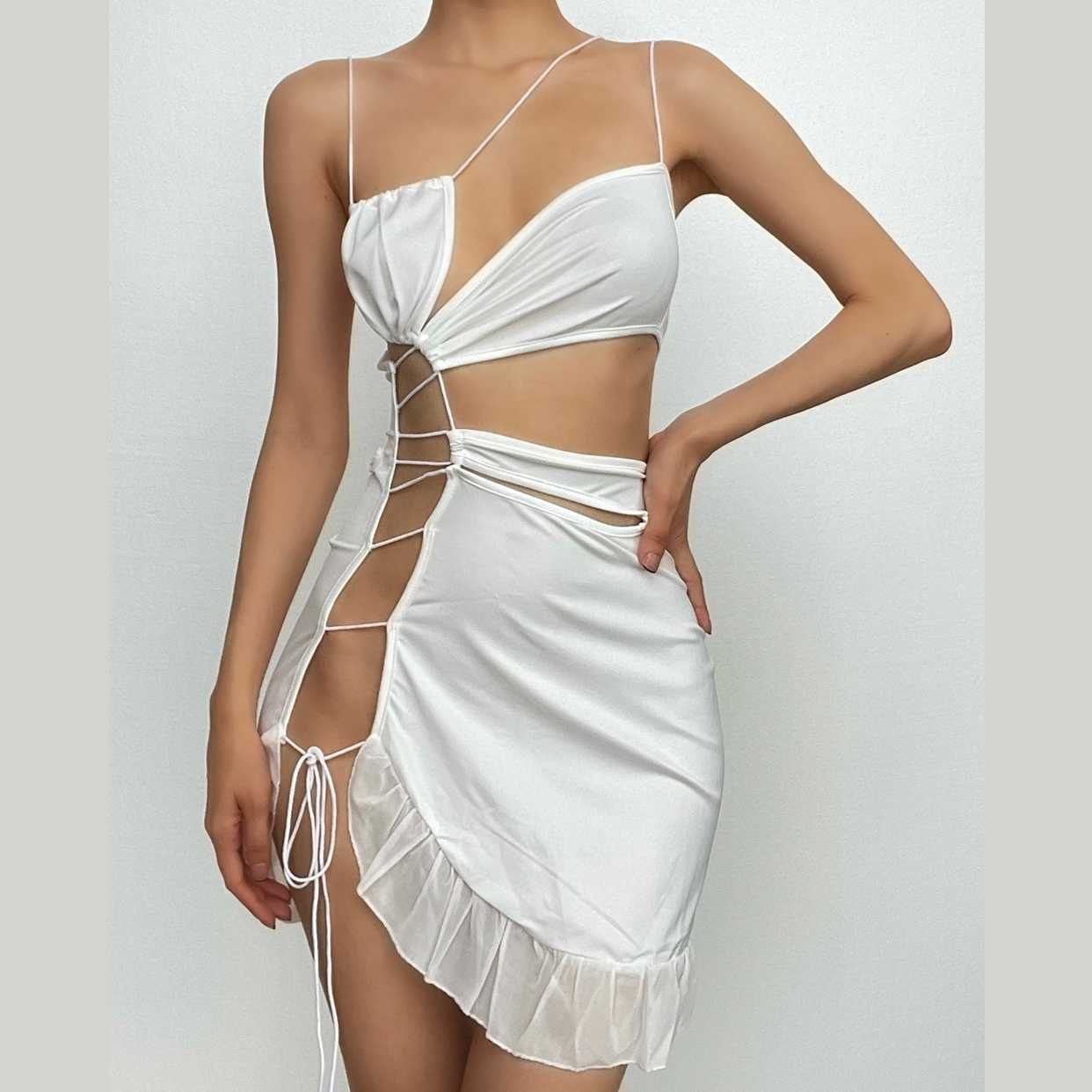 Trendy Y2K Cut-Out Mini Dress with Ruffle Back, One Shoulder & Spaghetti Straps
