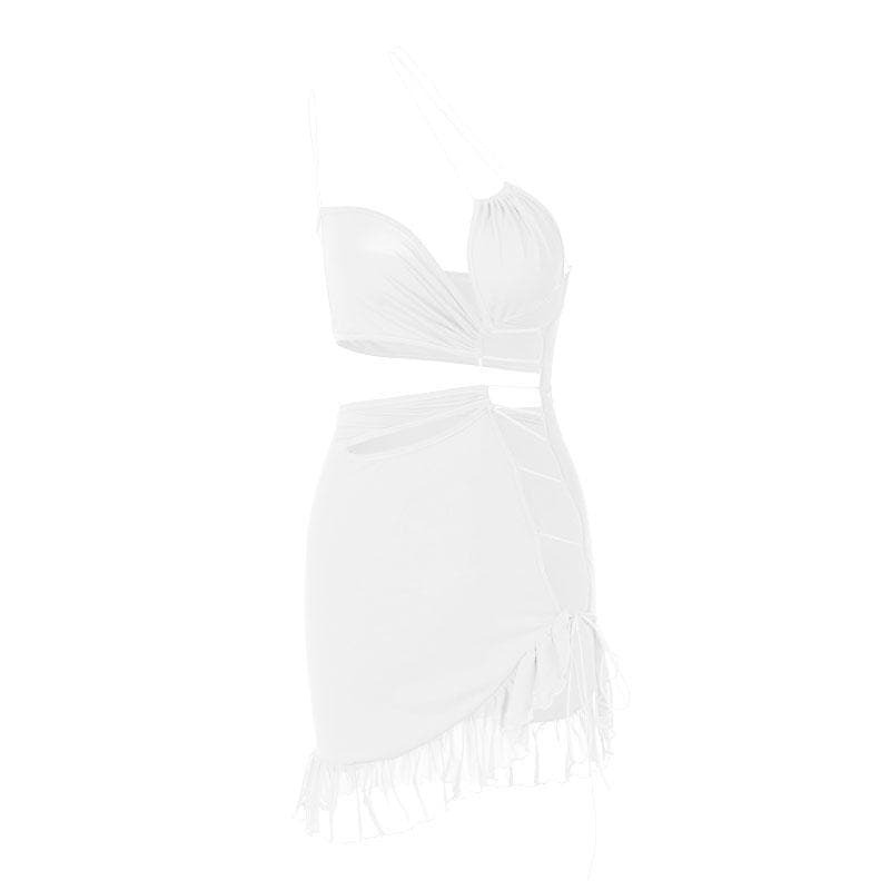 Trendy Y2K Cut-Out Mini Dress with Ruffle Back, One Shoulder & Spaghetti Straps