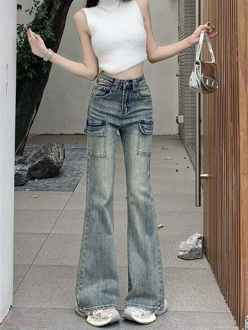 Trendy Y2K Flare Jeans for Grunge & Coquette Aesthetic - Vintage Style Denim Pants