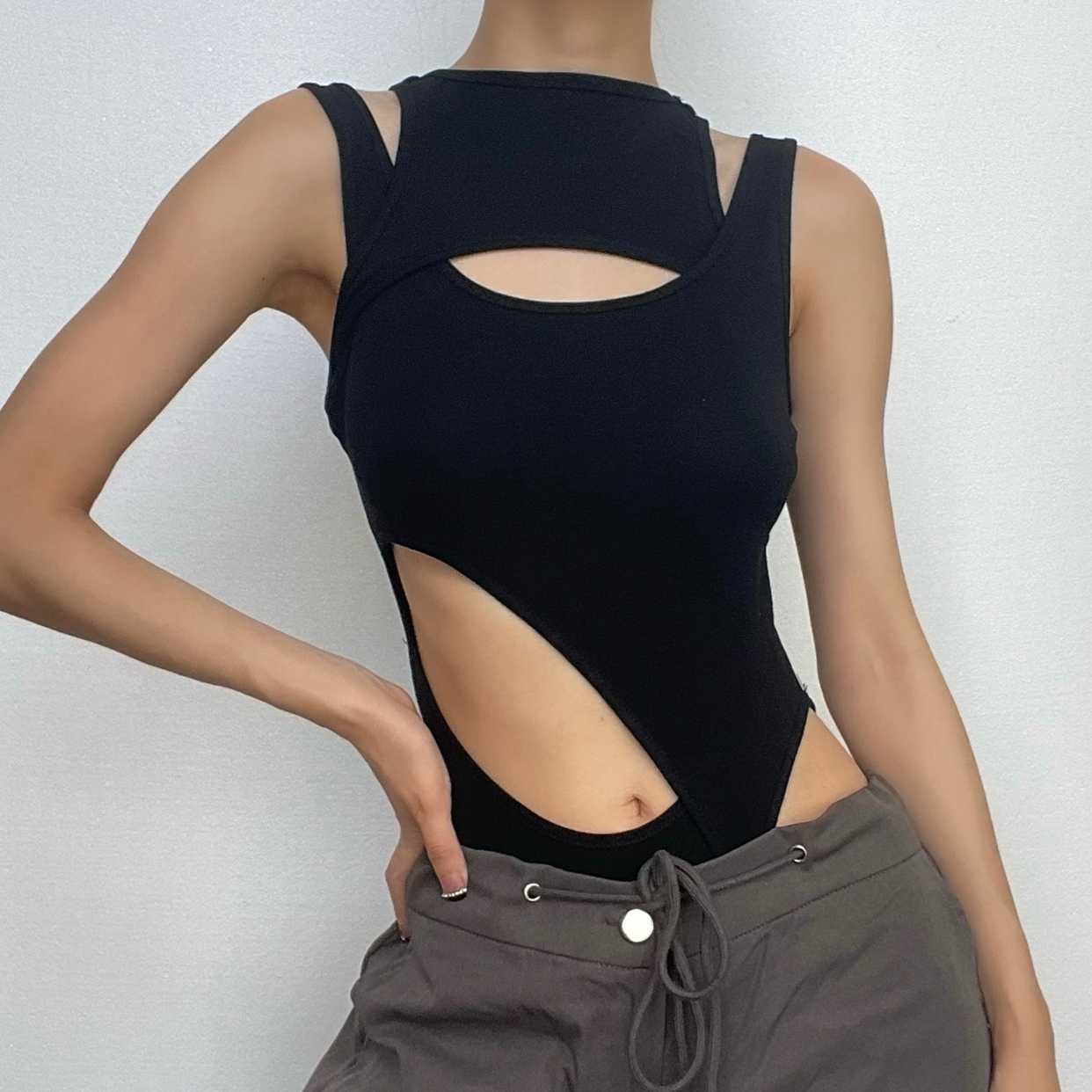 Trendy Y2K Hollow Out Irregular Sleeveless Bodysuit - Coquette & Grunge Aesthetic Top
