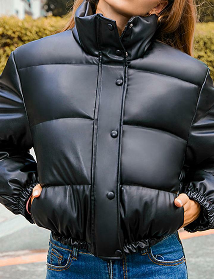 Trendy Y2K Leather Jacket with Stand Collar - Warm Padded Bread Style for Aesthetic Looks