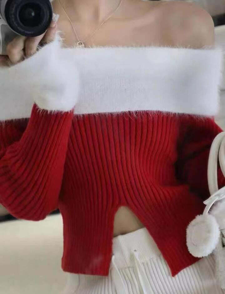 Trendy Y2K Off-Shoulder Color Block Knit Sweater with Slit - Perfect for Coquette & Grunge Aesthetics