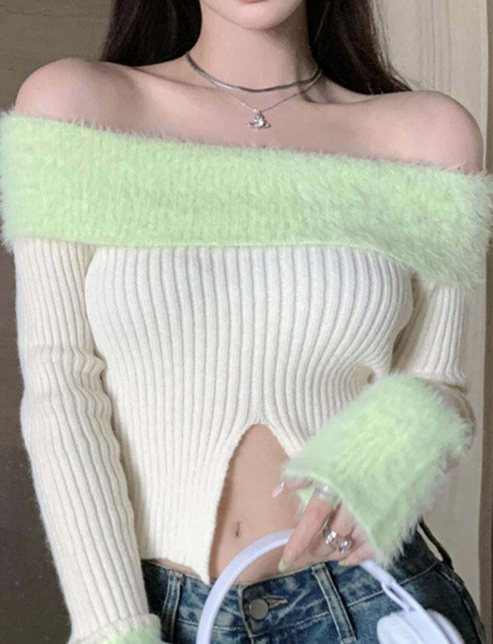 Trendy Y2K Off-Shoulder Color Block Knit Sweater with Slit - Perfect for Coquette & Grunge Aesthetics