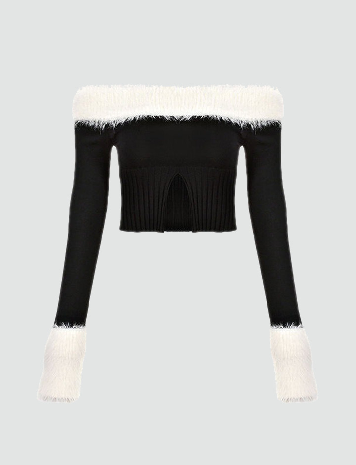 Trendy Y2K Off-Shoulder Color Block Knit Sweater with Slit - Perfect for Coquette & Grunge Aesthetics