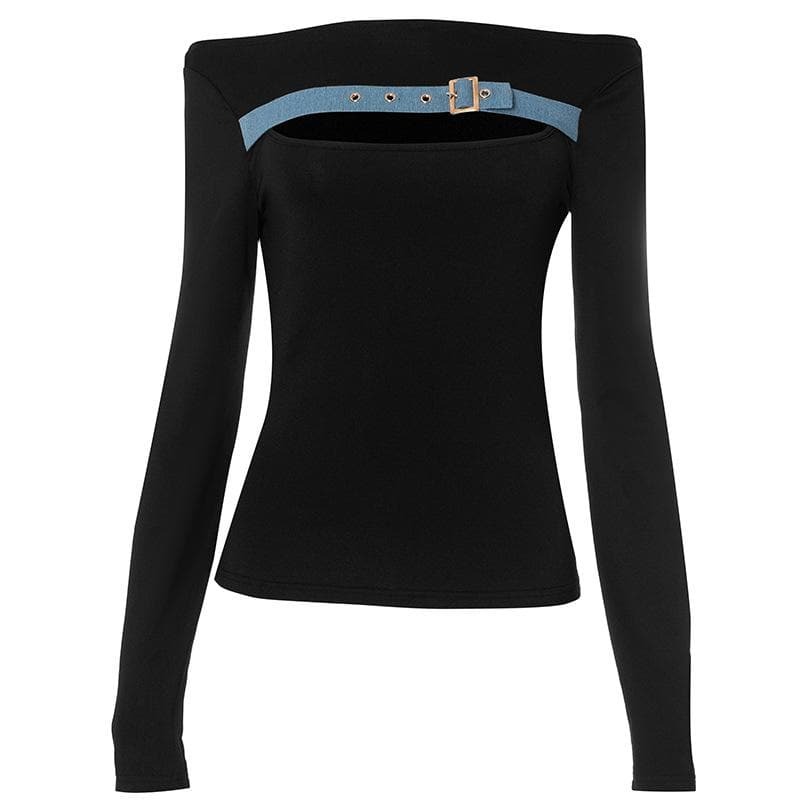 Trendy Y2K Off-Shoulder Cut-Out Top with Buckle Detail - Grunge & Coquette Aesthetic
