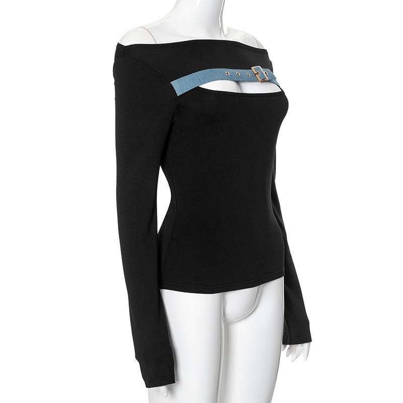 Trendy Y2K Off-Shoulder Cut-Out Top with Buckle Detail - Grunge & Coquette Aesthetic