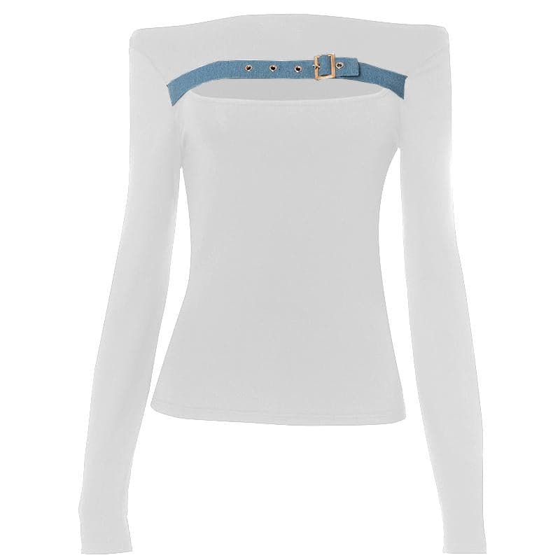 Trendy Y2K Off-Shoulder Cut-Out Top with Buckle Detail - Grunge & Coquette Aesthetic